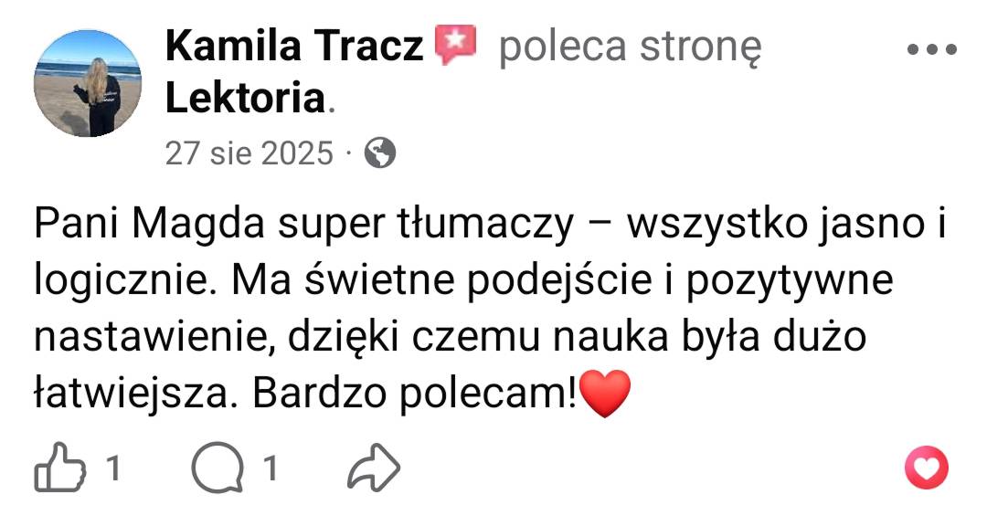 Opinia Kamili Tracz na Facebooku